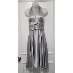 Vtg Cache Luxe Silver 100% Silk Halter Party Midi Dress Sz 10